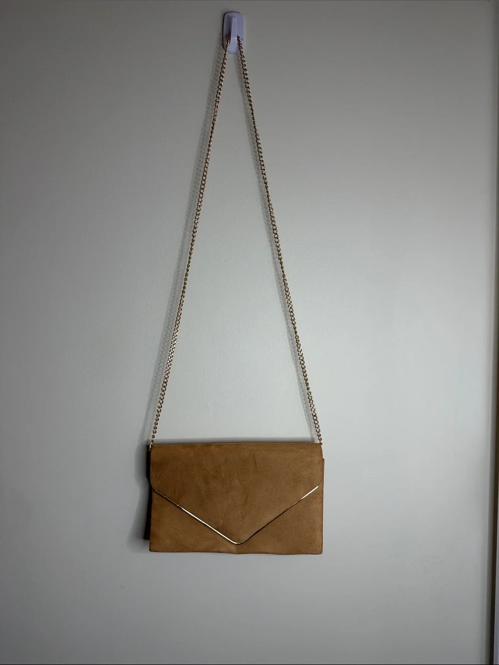 Suede Envelope Wristlet Clutch with Gold Chain - Tan